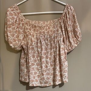 Lucky Brand Floral Smocked Blouse - Cream and Brown